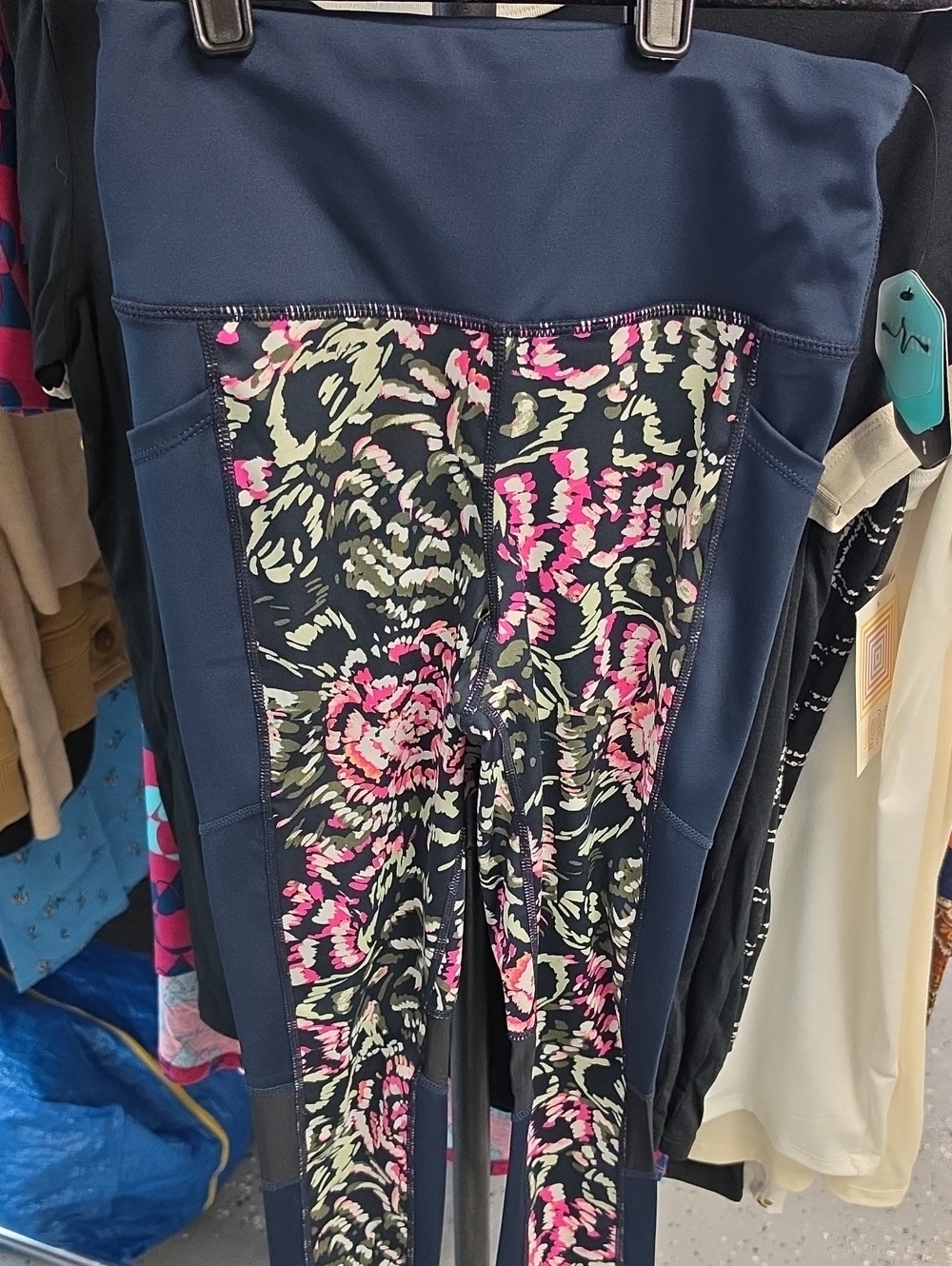 LuLaRoe Navy Leggings with Pink & Cream Floral Panels